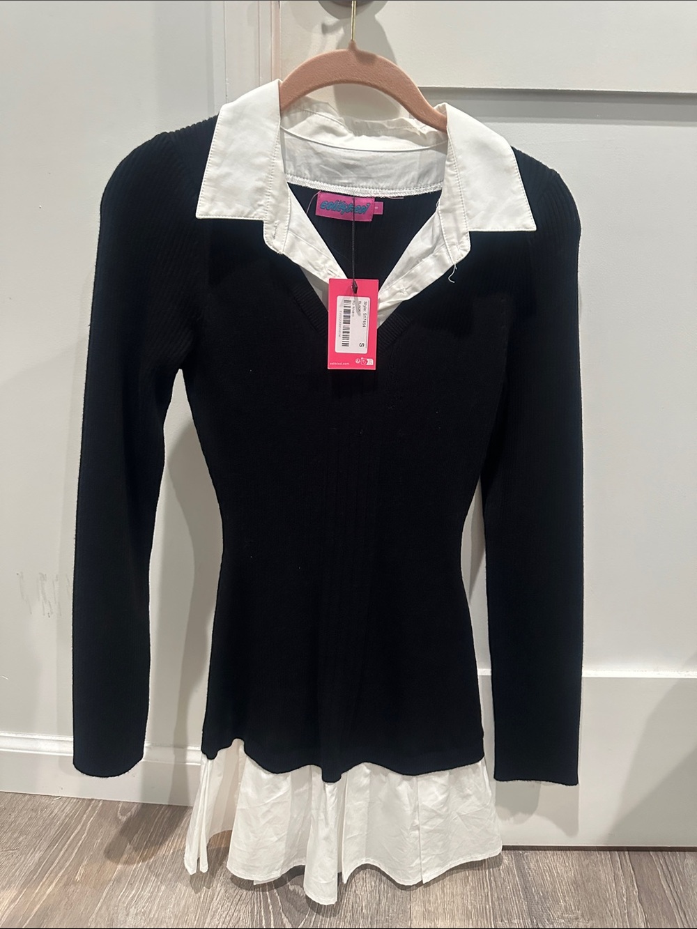Edikted Black Long Sleeve Mini Dress with White Collar & Hem